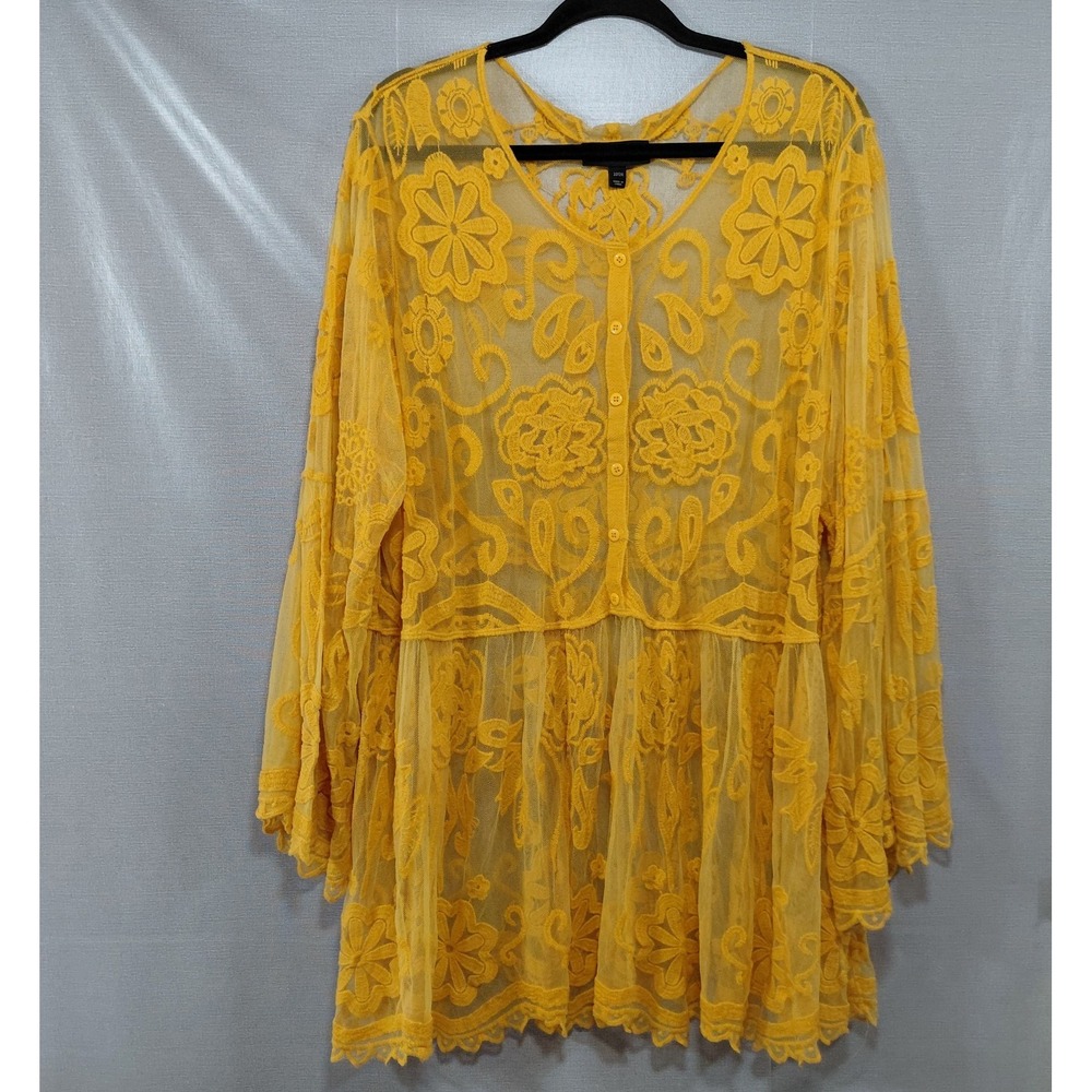 Lane Bryant Sheer Bell Sleeve Floral Tunic Top Fairycore Women's 22/24 Yellow